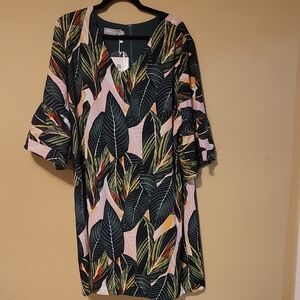 Leaf Print Dress with Ruffle Sleeves